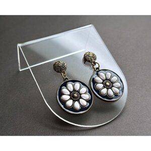 Vintage gold tone pair of navy medallion Earrings w/ white stone 1,8” set of 2